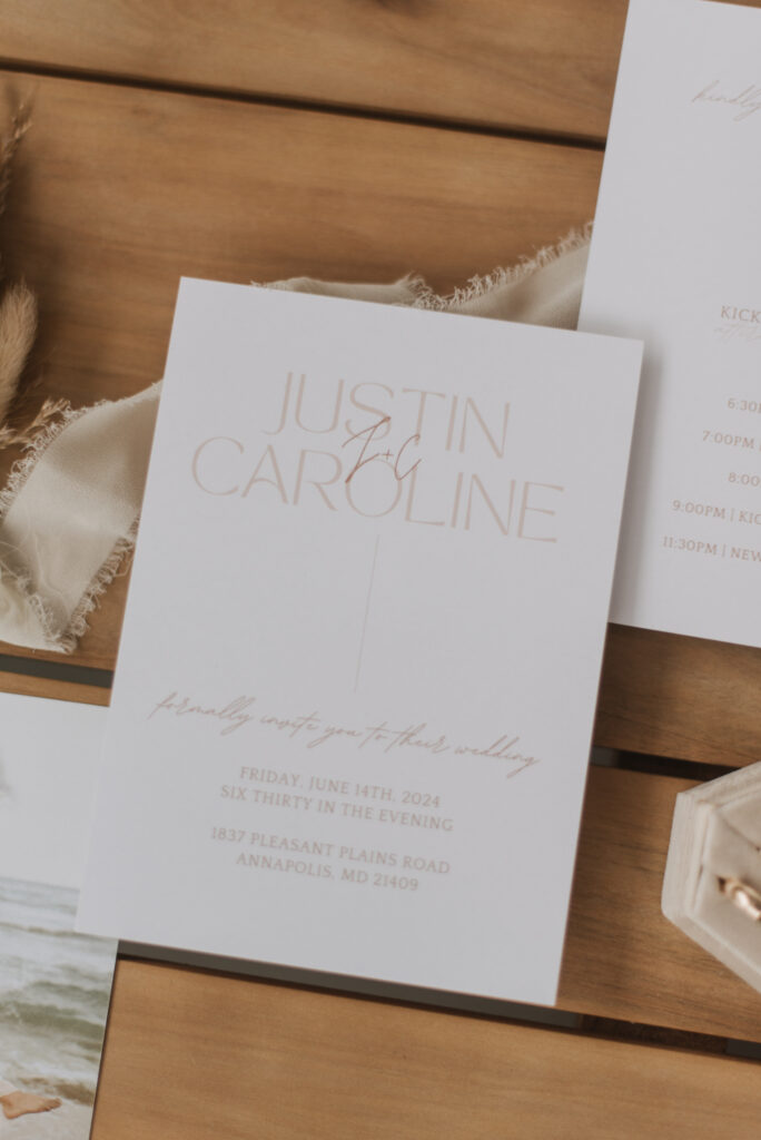 elegant and classic wedding invites at an Annapolis, Maryland family farm wedding