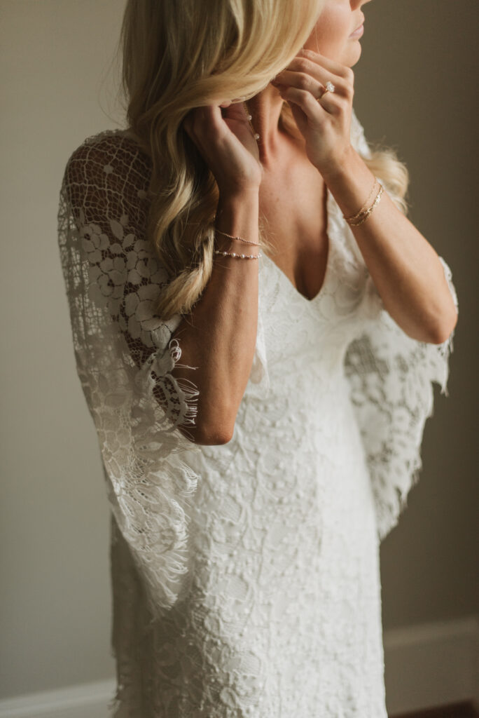 elegant country bride getting ready at an Annapolis, Maryland family farm wedding