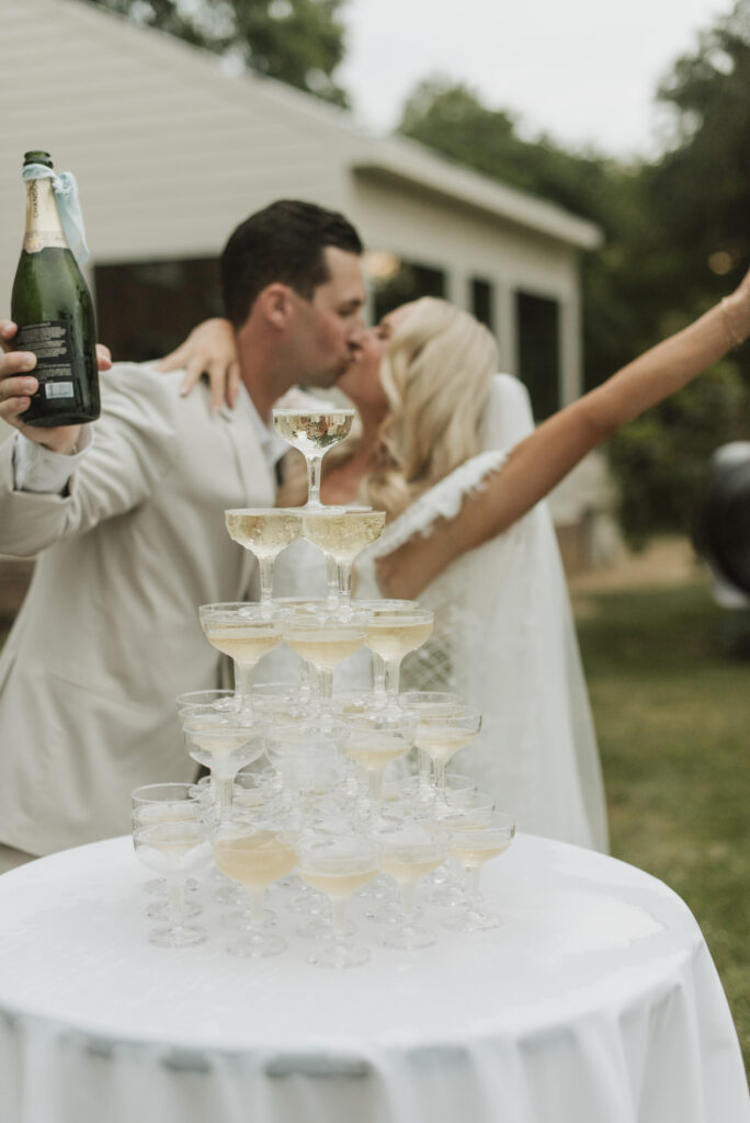 champagne tower at classic elegant wedding